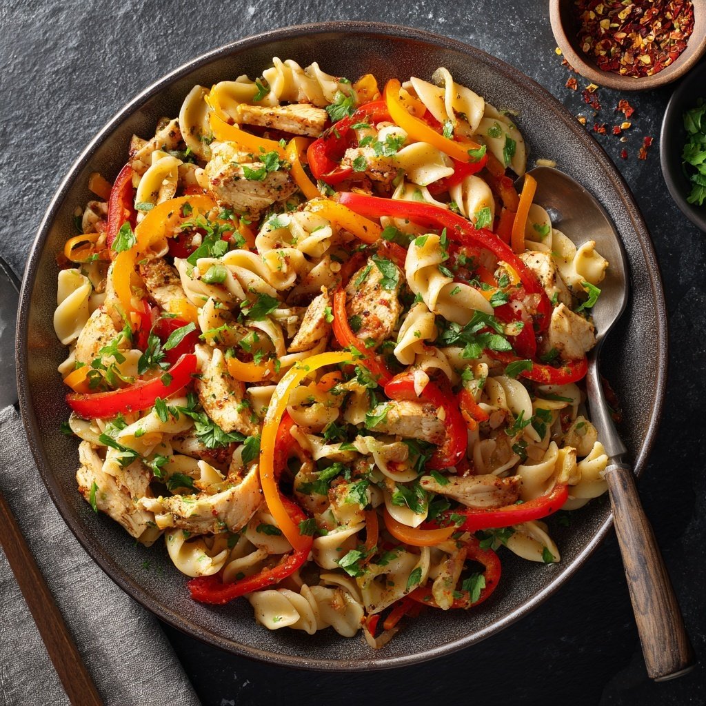 Mediterraner Nudelsalat Mit Hähnchenstreifen